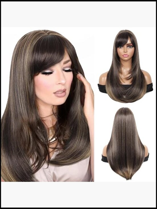 Long Straight Layered Wig with Bangs Heat Resistant Synthetic Hair for Women main image 4